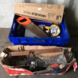 Open top plastic crate with various old tools and fittings, mitre saw on frame plus many misc items.
