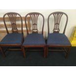 Set of three Georgian mahogany dining chairs with blue fabric upholstered seats each measuring