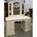 Contemporary shabby chic white solid wood dressing table with bevelled edge glass mirrors tripe