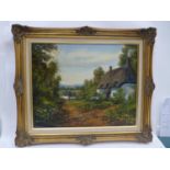 Gilt frame oil on canvas by Peter Snell. Country cottage scene. 64cm x 53cm overall frame size