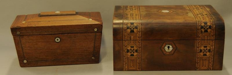 Pair of decorative wooden boxes with mother of pearl and marquetry inlay. larger box 29.5cm x 22.5cm