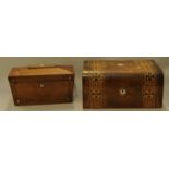 Pair of decorative wooden boxes with mother of pearl and marquetry inlay. larger box 29.5cm x 22.5cm