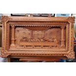 Highly carved religious wooden large panel of the last supper 110x64cm.