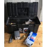 A plastic tool box containing screws, raw bolts, various locks and fittings with misc other items.