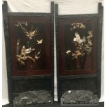 Pair of large oriental wooden screens with mother of pearl inlay depicting birds each 80x199cm.