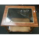 Mahogany glass top coffee table with turned supports and stub legs a rattan under tray 55x65x50cm