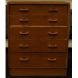 G Plan Brandon oak tall boy chest of five drawers with gold E Gomme stamp 76x46x98cm.