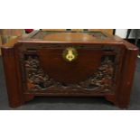 Oak camphor wood chest with carvings to the lid and front 101x52x57cm.