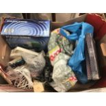 Box of various diy items to include spray gun - hose attachments - Bungie straps and telephone