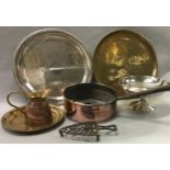 Collection of metalware including a large copper saucepan and an iron trivet