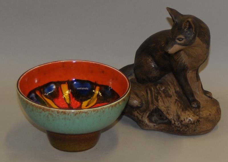 Poole Pottery Barbara Linley Adams fox together with a Delphis footed bowl (2)