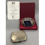 Silver hallmarked cigarette case together with a silver pin dish.