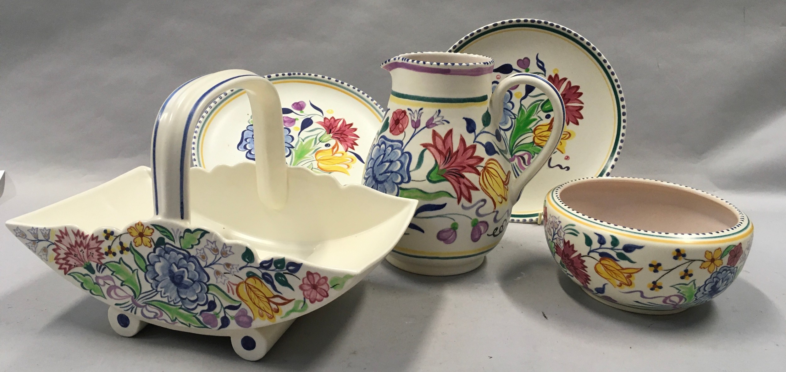 Poole Pottery unusual BN pattern floral basket together with a similar pattern bowl, large jug & two