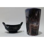 Sowerby / Davidson purple malachite slag small beaker and miniature two handled bowl. Beaker 9cm