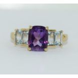 9ct gold ladies amethyst and aquamarine ring size R