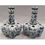 Pair of blue crocus pots decorated in blue design with birds & fruit 27cm tall.
