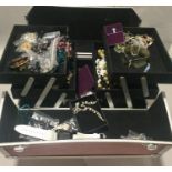 Large carry box with costume jewellery to include silver