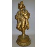 Vintage large gilded metal figure of a Highland bagpipes player. Approx 20" tall (a/f).