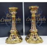 Royal Crown Derby Old Imari pair of Castleton candlesticks in original boxes. 17.5cm tall