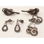 Three pairs of Art Deco silver marcasite earrings.
