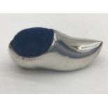 A solid silver pin cushion in the shape of a clog, 1902 Birmingham, By Levi & Salamon