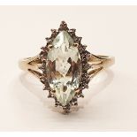 A green berye accent diamond 9ct gold marquis ring, Size S.