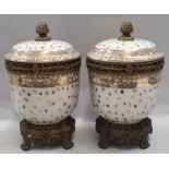 Pair of gilt metal mounted ice pails & covers with acorn finials gilt highlights on cast metal bases