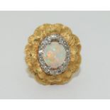 Opal/Diamond 18ct gold flower style ring, Size J 1/2.