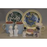 Poole Pottery map plates depicting Poole Harbour (2) together with a pair of large Twintone mugs, an