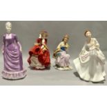 Four porcelain lady figurines to include Royal Doulton "Top o' the Hill".