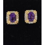 A pair of vintage yellow gold, amethyst and diamond earrings.