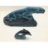 Poole Pottery Blue Panther 1/1 Trial 9.75" long, together with a miniature blue Dolphin.