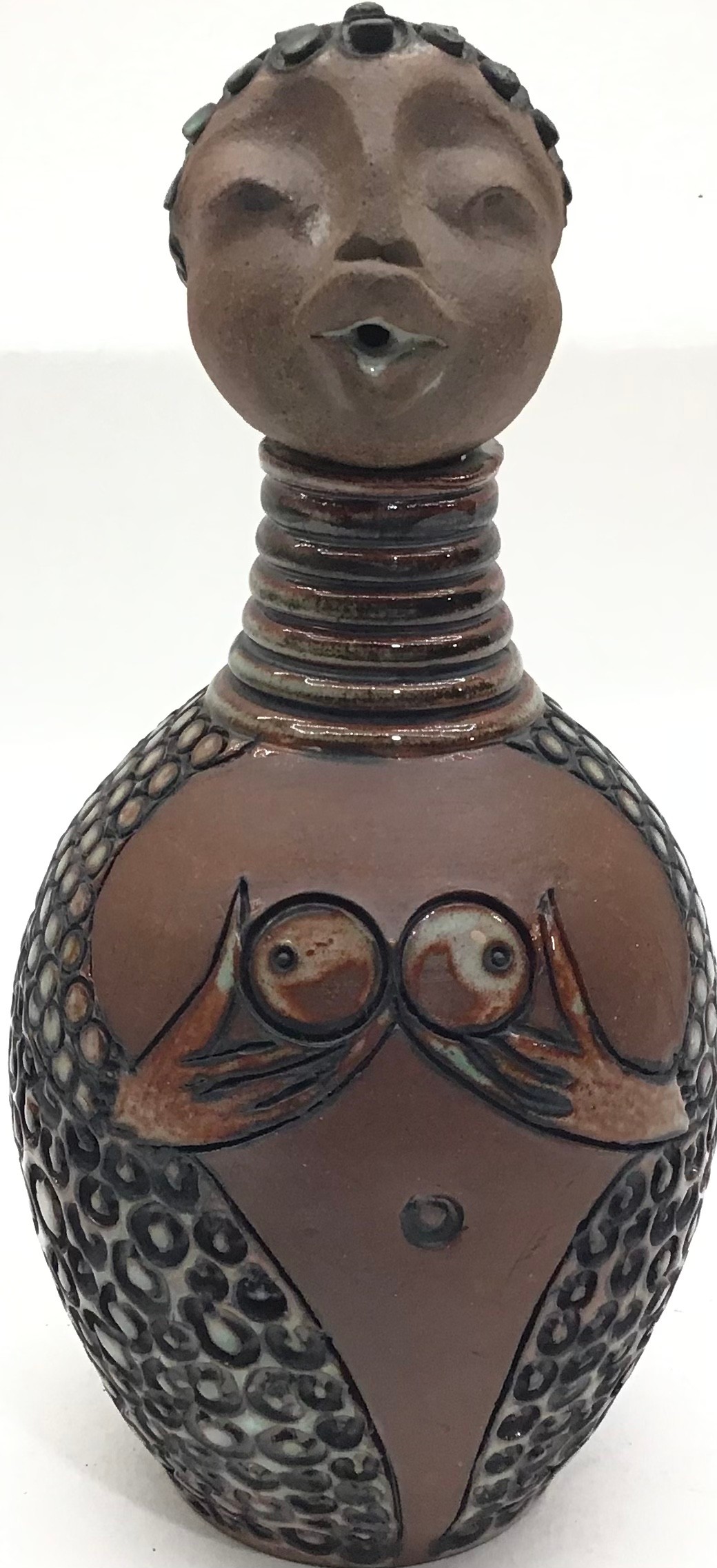 Poole Pottery interest Guy Sydenham unusual decanter & stopper depicting tribal figure of a woman,