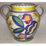 Poole Pottery YW pattern twin handled vase by Marjorie Batt 5" high, fully marked & signed to base.