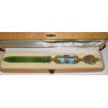 Faberge style presentation jade and diamond letter opener with enamel decoration, box marked with
