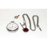 Silver full face pocket watch together a silver watch chain and fob all links hall marked