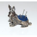 Silver collectable pin cushion of a rabbit