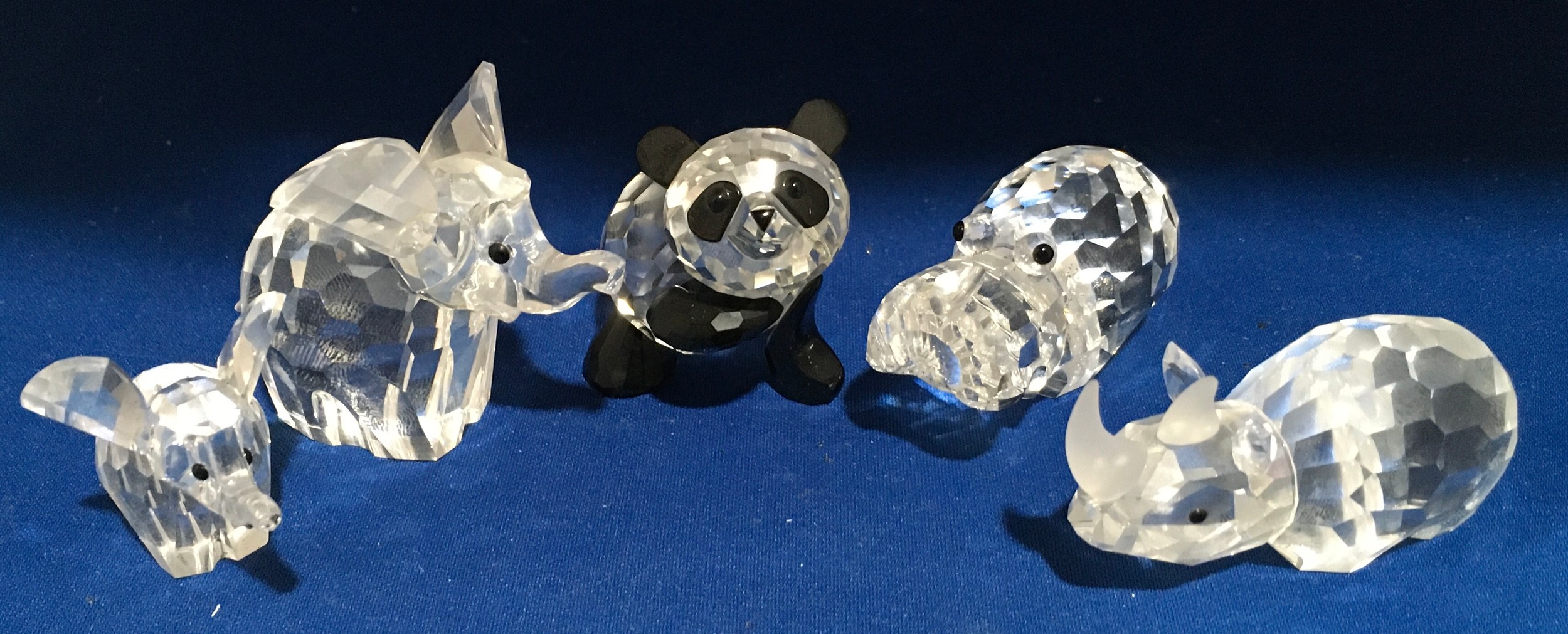 Swarovski silver crystal figures Mother Panda 181080, Large Elephant 015169, large Hippo 015187,