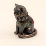 Silver collectable pin cushion of a Cat with ruby collar
