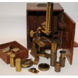 Vintage brass microscope and lenses in boxed carry case