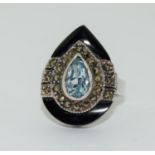 Large Art Deco blue topaz/onyx silver marcasite ring, Size O. (TR11)