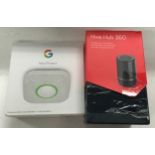 Google Nest Protect boxed together with Hive Hub 360 boxed (DP).