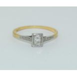 Art Deco Oval Diamond solitaire ring in 18ct gold size O 1/2. (small diamond missing from shank) (