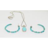 Turquoise 925 silver drop pendant and hoop earrings. (TR15)