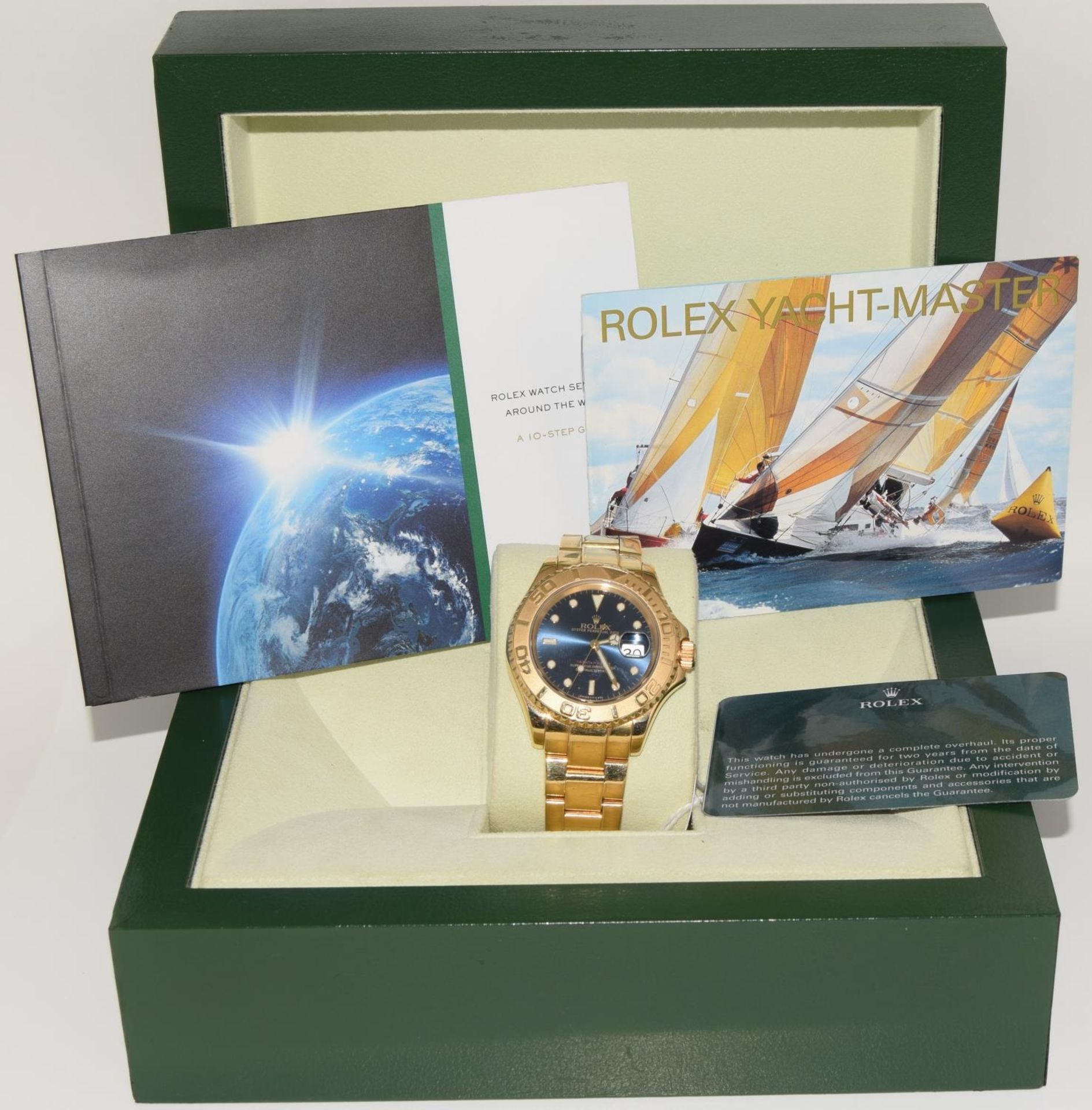 Rolex Yachtmaster 18ct gold model 16628. Electric blue face with Rolex service card and boxed. ( - Image 10 of 10