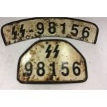 Rare Waffen SS German WWII motorcycle identification plates. Front plate is double sided.