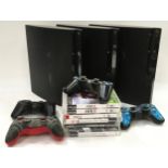 3 x Playstation 3 consoles, plus games and controllers. No cables so being offered untested.