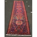 Large Azeri medallion runner carpet. Red/dark blue. 106" x 39" ref 389