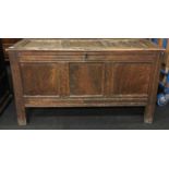 3 panelled Oak coffer with original hinge and brass locks. 75x140x55cm