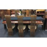 Modern designer dark wood laminated extending dining table with two leaves and eight matching high